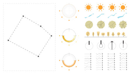 architecture site analysis symbol icon element drawing graphic flat isolated vector. architecture element line sun wind sound sun path vegetation.のイラスト素材