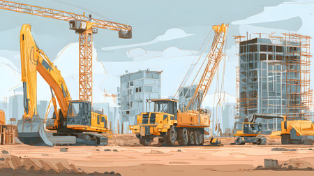 Construction site with crane, excavator, and scaffolding. design for building and development...