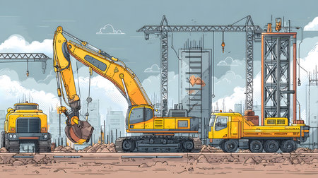 Construction site with crane, excavator, and scaffolding. design for building and development projects.の写真素材