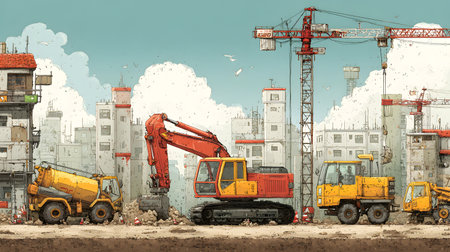 Construction site with crane, excavator, and scaffolding. design for building and development projects.の写真素材
