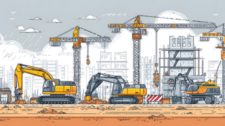 Construction site with crane, excavator, and scaffolding. design for building and development projects.の写真素材