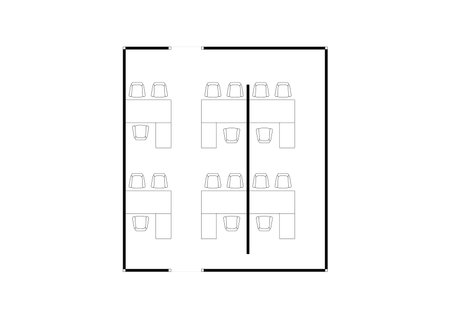 Architectural office floor plan drawing with desks and chairs, clean black and white CAD style...