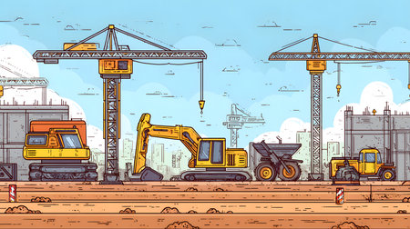 Construction site with crane, excavator, and scaffolding. design for building and development projects.の写真素材