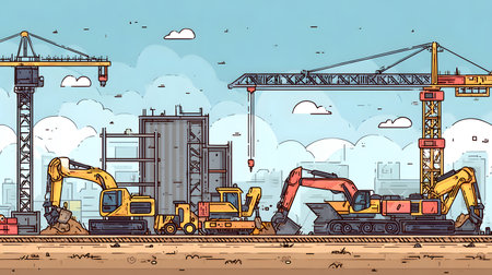 Construction site with crane, excavator, and scaffolding. design for building and development projects.の写真素材