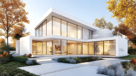 Modern single house with large windows, clean facade, and grey roof in front view. Minimal architecture projects.の写真素材