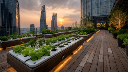An AI-assisted rooftop garden with smart sensors and hydroponics setup growing fresh vegetables...