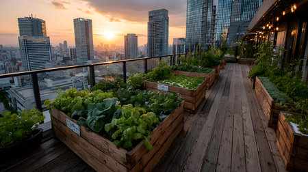 An AI-assisted rooftop garden with smart sensors and hydroponics setup growing fresh vegetables...