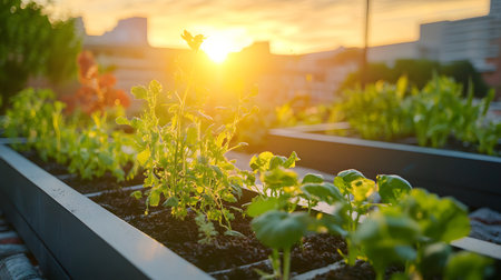 An AI-assisted rooftop garden with smart sensors and hydroponics setup growing fresh vegetables under warm light. Ideal for eco-tech and smart cities.の写真素材