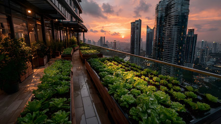 An AI-assisted rooftop garden with smart sensors and hydroponics setup growing fresh vegetables under warm light. Ideal for eco-tech and smart cities.の写真素材