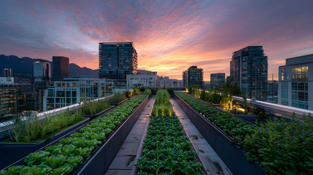 An AI-assisted rooftop garden with smart sensors and hydroponics setup growing fresh vegetables under warm light. Ideal for eco-tech and smart cities.の写真素材