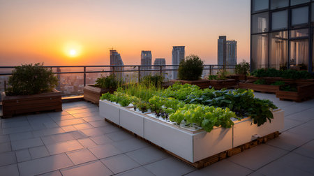 An AI-assisted rooftop garden with smart sensors and hydroponics setup growing fresh vegetables under warm light. Ideal for eco-tech and smart cities.の写真素材