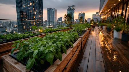 An AI-assisted rooftop garden with smart sensors and hydroponics setup growing fresh vegetables under warm light. Ideal for eco-tech and smart cities.の写真素材