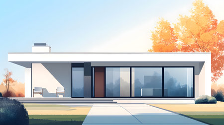 Modern single house with large windows, clean facade, and grey roof in front view. Minimal architecture projects.の写真素材