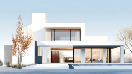 Modern single house with large windows, clean facade, and grey roof in front view. Minimal...