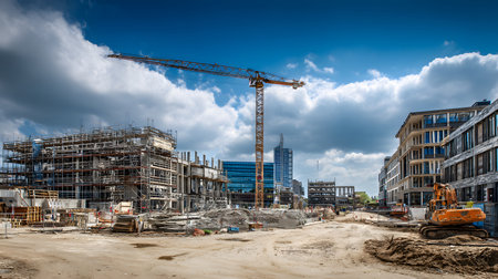 Construction site with crane, excavator, and scaffolding. design for building and development projects.の写真素材