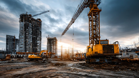 Construction site with crane, excavator, and scaffolding. design for building and development projects.の写真素材
