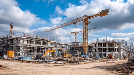 Construction site with crane, excavator, and scaffolding. design for building and development projects.の写真素材