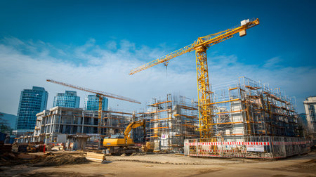 Construction site with crane, excavator, and scaffolding. design for building and development projects.の写真素材