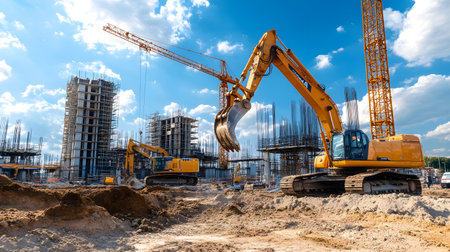 Construction site with crane, excavator, and scaffolding. design for building and development projects.の写真素材