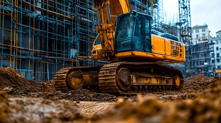 Construction site with crane, excavator, and scaffolding. design for building and development projects.の写真素材