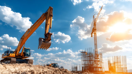 Construction site with crane, excavator, and scaffolding. design for building and development...