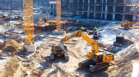 Construction site with crane, excavator, and scaffolding. design for building and development projects.の写真素材