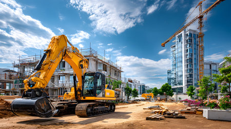 Construction site with crane, excavator, and scaffolding. design for building and development...