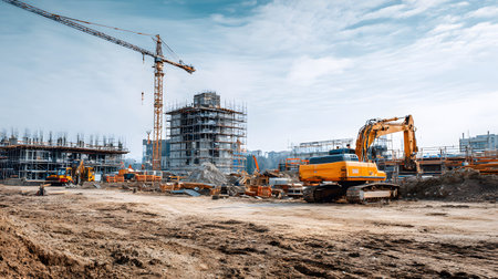 Construction site with crane, excavator, and scaffolding. design for building and development...