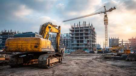 Construction site with crane, excavator, and scaffolding. design for building and development projects.の写真素材