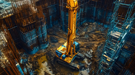 Construction site with crane, excavator, and scaffolding. design for building and development projects.の写真素材