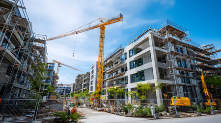 Construction site with crane, excavator, and scaffolding. design for building and development...