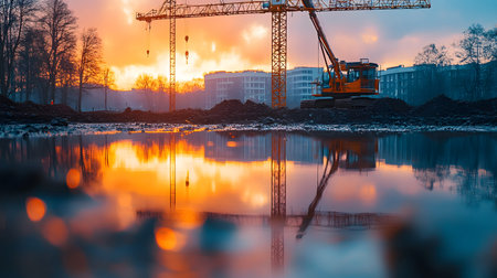 Construction site with crane, excavator, and scaffolding. design for building and development projects.の写真素材