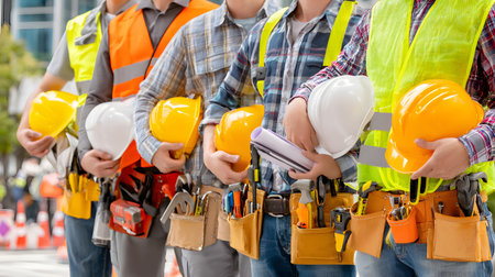 Group of construction workers wearing helmets and vests holding tools. for labor and building themes.の素材