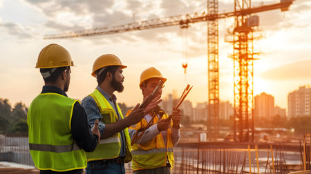 Group of construction workers wearing helmets and vests holding tools. for labor and building themes.の写真素材