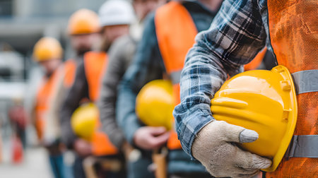 Group of construction workers wearing helmets and vests holding tools. for labor and building...