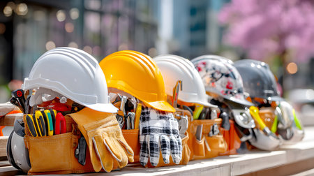 Group of construction workers wearing helmets and vests holding tools. for labor and building themes.の写真素材