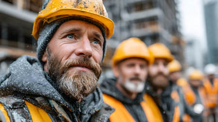 Group of construction workers wearing helmets and vests holding tools. for labor and building themes.の写真素材
