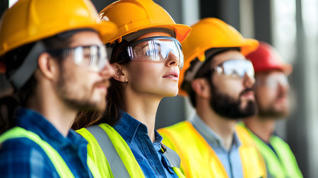 Group of construction workers wearing helmets and vests holding tools. for labor and building...