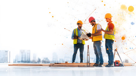 Group of construction workers wearing helmets and vests holding tools. for labor and building themes.の写真素材