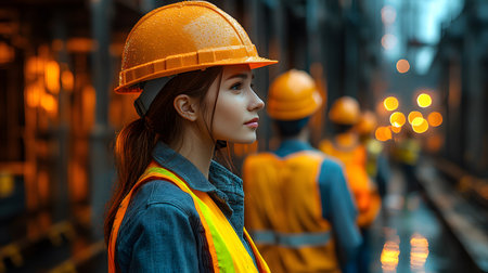 Group of construction workers wearing helmets and vests holding tools. for labor and building themes.の写真素材