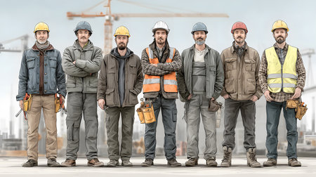 Group of construction workers wearing helmets and vests holding tools. for labor and building themes.の写真素材
