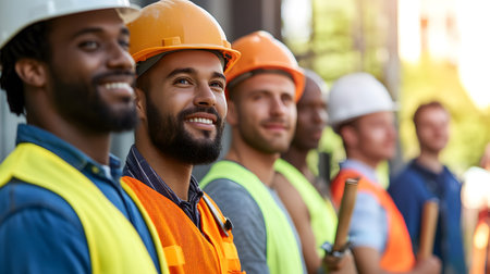 Group of construction workers wearing helmets and vests holding tools. for labor and building themes.の写真素材