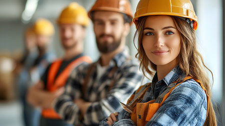 Group of construction workers wearing helmets and vests holding tools. for labor and building themes.の写真素材