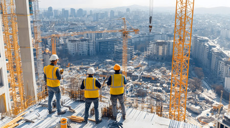 Group of construction workers wearing helmets and vests holding tools. for labor and building themes.の写真素材