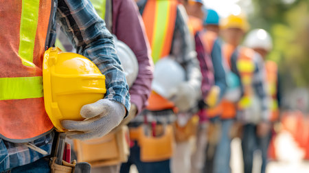 Group of construction workers wearing helmets and vests holding tools. for labor and building themes.の写真素材