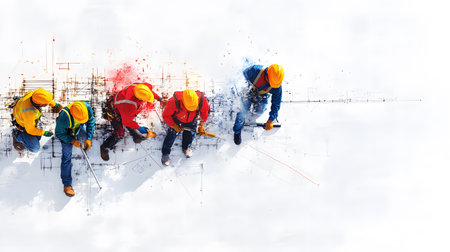 Group of construction workers wearing helmets and vests holding tools. for labor and building themes.の写真素材