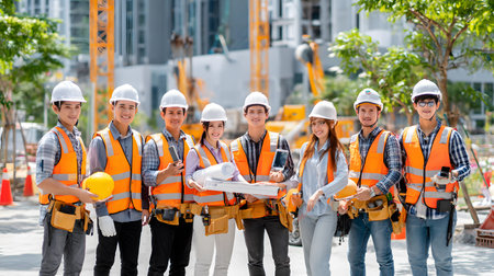 Group of construction workers wearing helmets and vests holding tools. for labor and building...