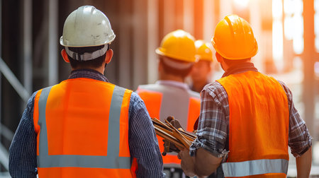 Group of construction workers wearing helmets and vests holding tools. for labor and building themes.の写真素材