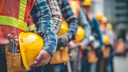 Group of construction workers wearing helmets and vests holding tools. for labor and building themes.の写真素材