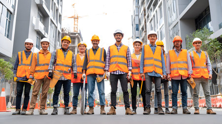 Group of construction workers wearing helmets and vests holding tools. for labor and building themes.の写真素材